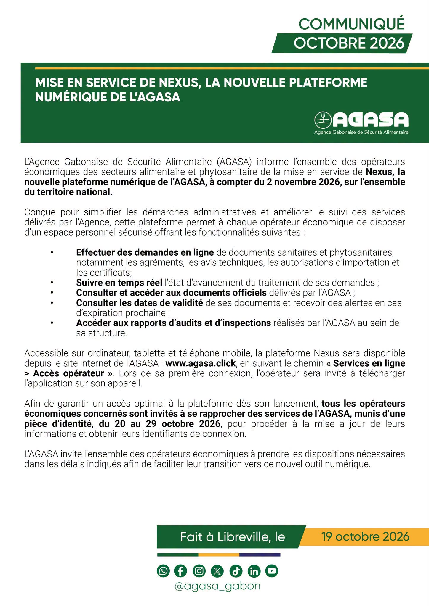 Mise En Service De Nexus, La Nouvelle Plateforme Numérique De L'Agasa